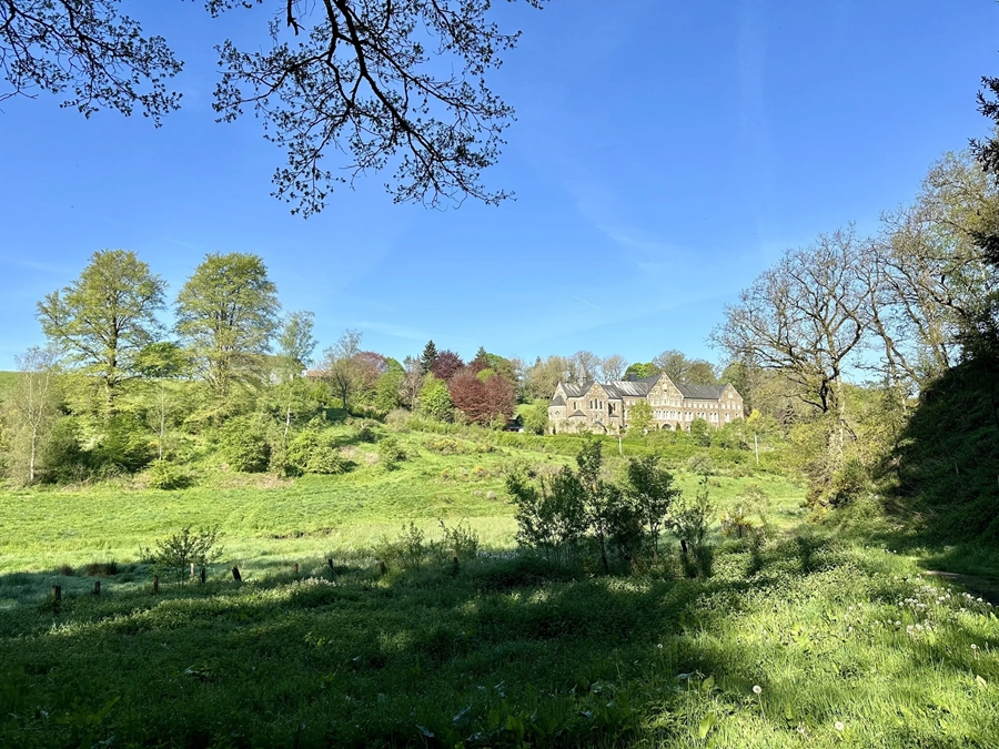 Vale verdejante em Luxemburgo com um castelo hist&oacute;rico ao fundo cercado por florestas densas