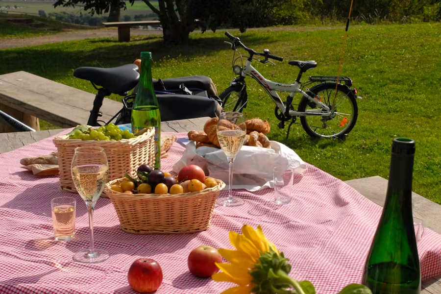 Piquenique ao ar livre com vinhos, frutas e p&atilde;es em uma mesa de madeira com bicicletas ao fundo