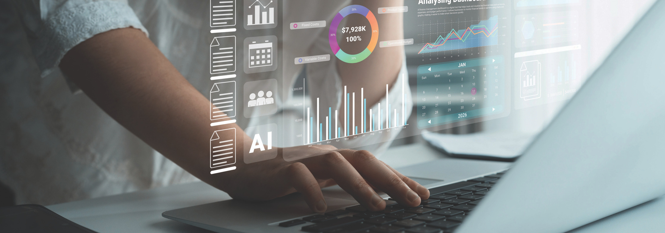 Hands typing on a laptop with analytics overlays showing charts and data