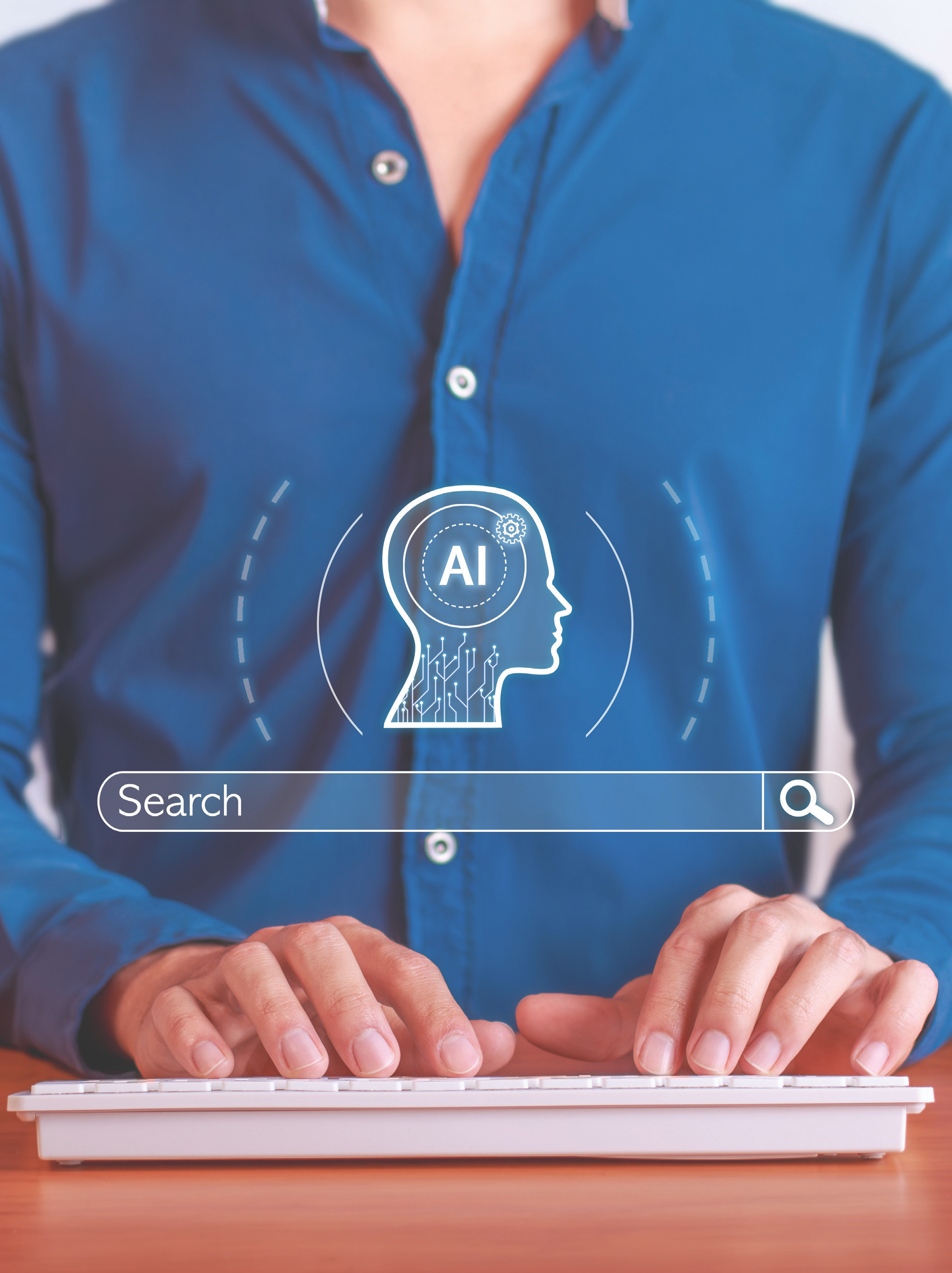 Close-up of hands typing on a keyboard with AI overlay graphic and headline artwork