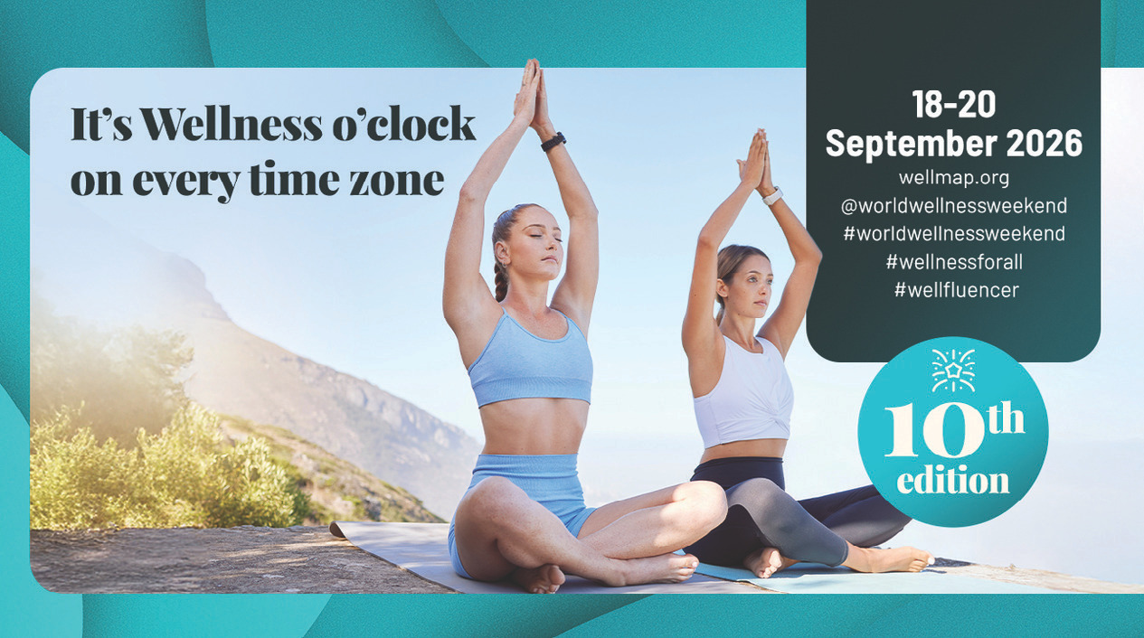 World Wellness Weekend promotional poster with two people practicing yoga and event dates 18&ndash;20 September 2026