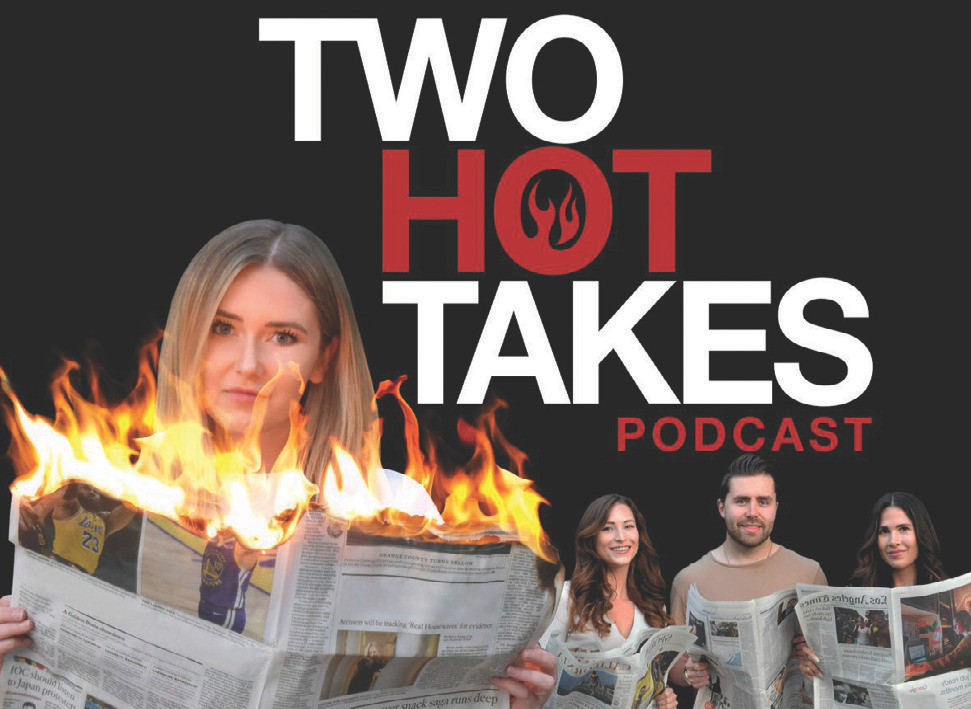 Two Hot Takes podcast cover featuring hosts and fiery graphic