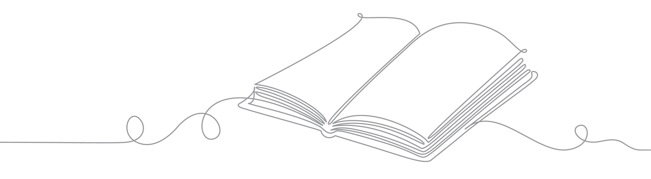 Line-art illustration of an open book with a continuous decorative line motif