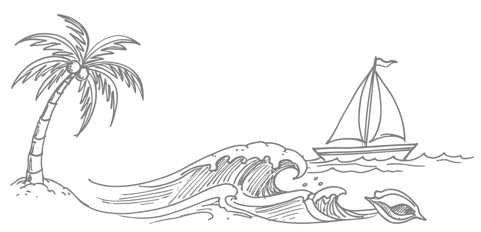 Sketch of a beach scene with palm tree and sailboat