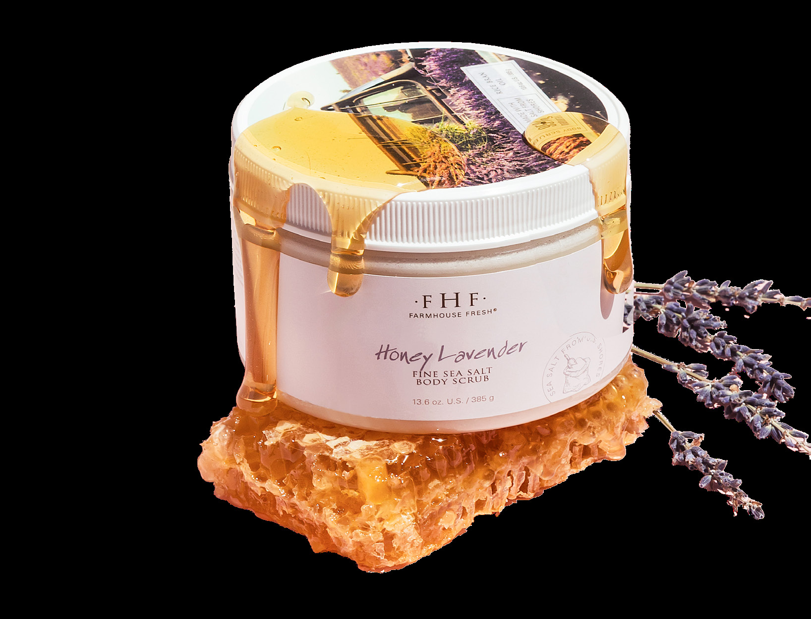 Honey Lavender Fine Sea Salt Body Scrub on honeycomb