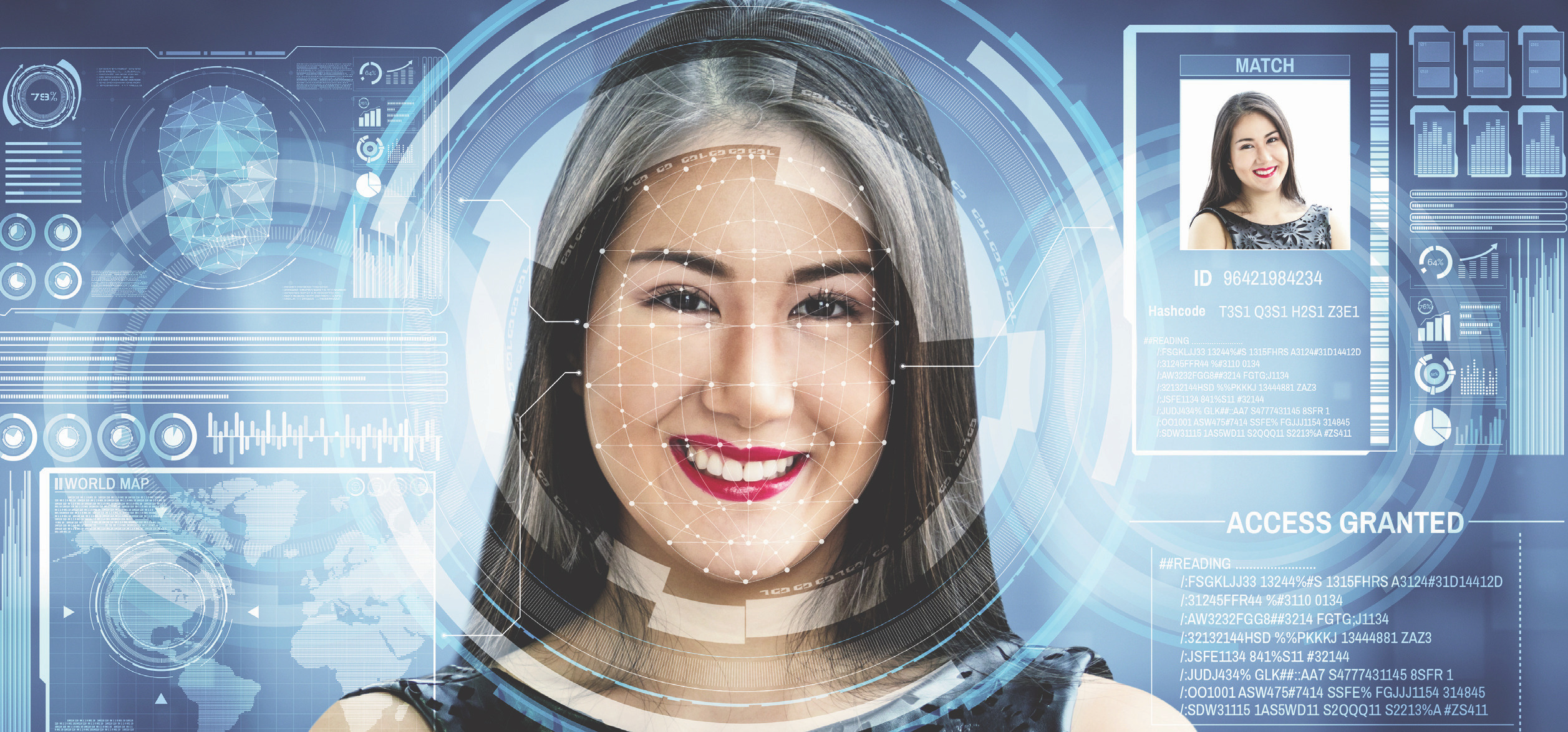 Smiling woman overlaid with biometric facial-recognition interface and data panels, conveying AI-driven identity matching and access granted