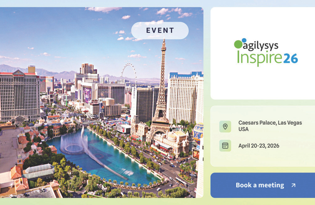 Aerial view of the Las Vegas Strip with fountains and an inset Agilysys Inspire26 badge, promotional event image