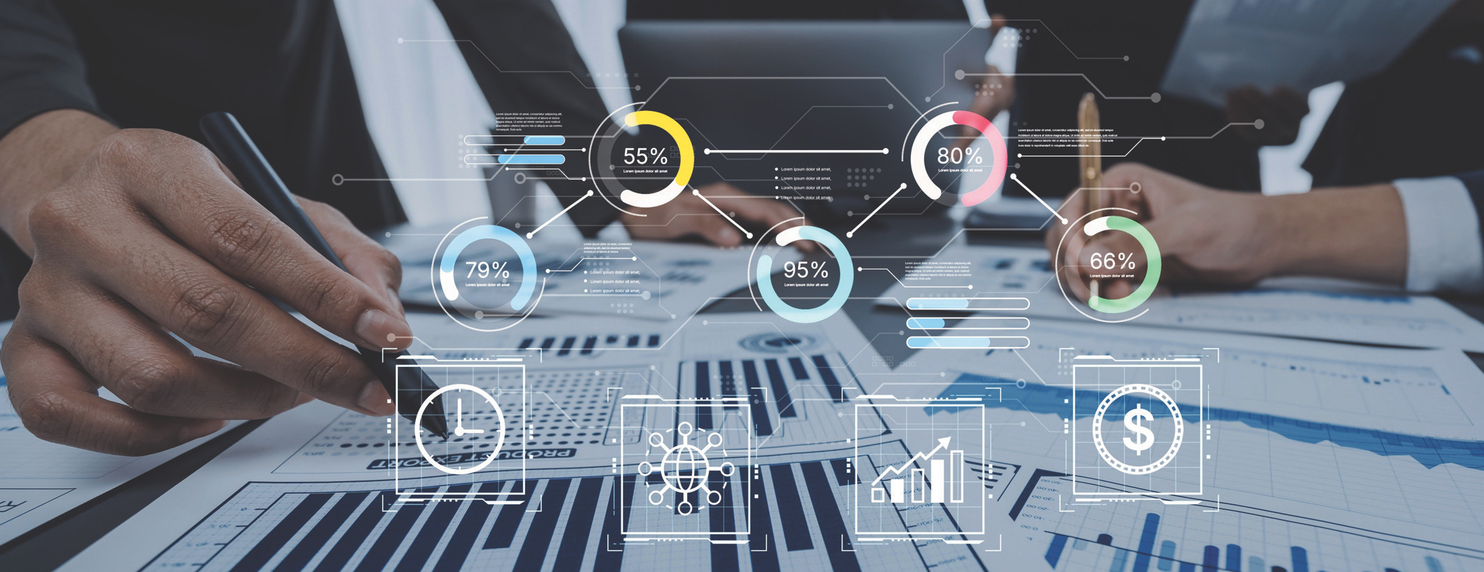 Two people in business attire reviewing printed charts and graphs on a desk with translucent circular infographic icons overlayed showing percentages and connection lines