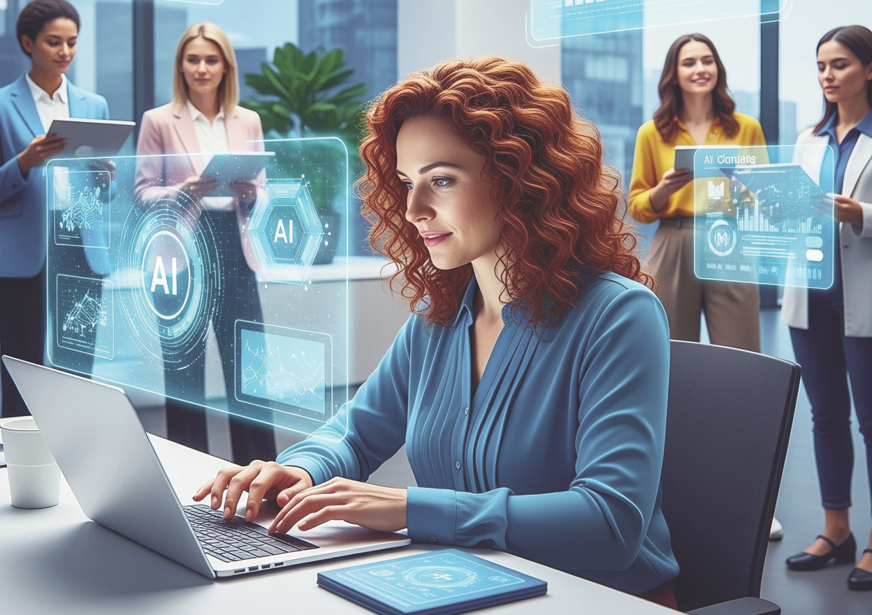 Woman at laptop using AI interface overlays while colleagues work in background.