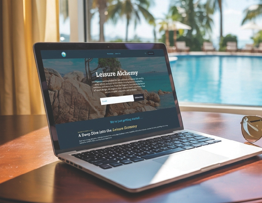 A laptop by a swimming pool displaying the Leisure Alchemy digital platform.