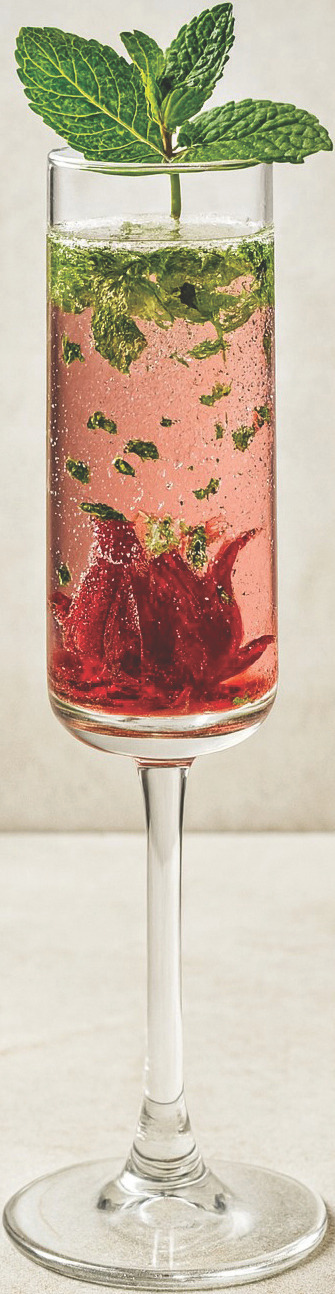 Tall champagne-style flute filled with a pink hibiscus mocktail with hibiscus flower, muddled mint and a mint sprig garnish