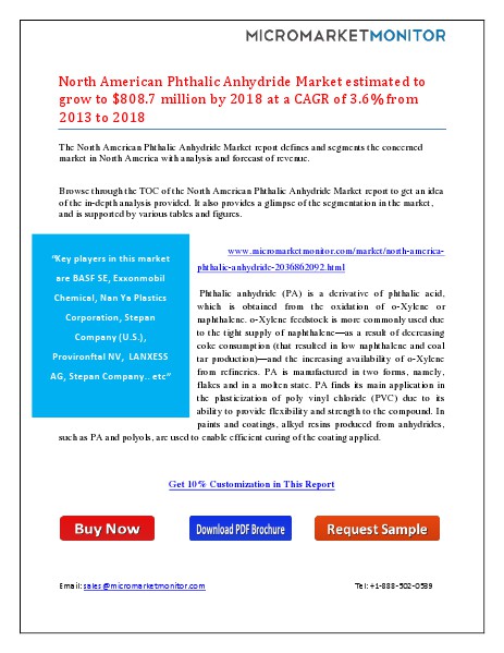 North American Phthalic Anhydride Market estimated to grow to $808.7 Dec. 2014