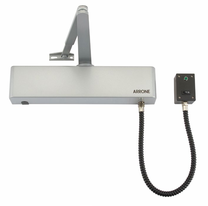 ARRONE AR9798 electromagnetic door closer unit with mounting arm and separate switch box connected by a flexible cable.