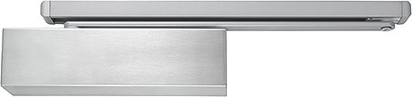 Close-up horizontal view of a silver door closer body and arm