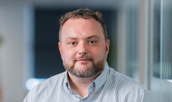 Portrait of Iain Banks, author and Allegion UK representative.