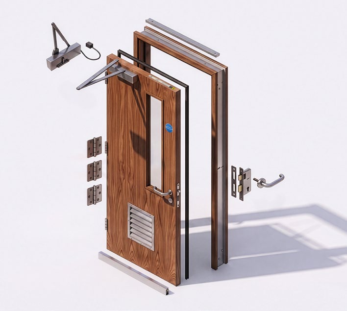 Exploded view illustration of a wooden fire door assembly with leaf, frame, glazing, hinges and hardware separated.