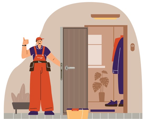 Conceptual illustration of a worker inspecting a fire door installation
