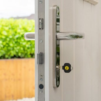 Close-up of a multipoint lock and handle on a door.