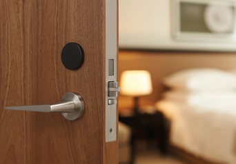 Close-up of a modern door handle and lock on a wooden door.