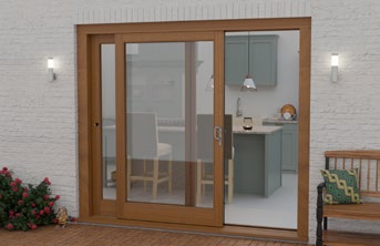 Timber-framed sliding patio door opening from interior to exterior