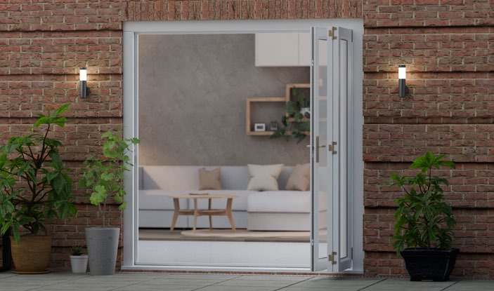 Open sliding door opening onto a bright indoor seating area framed by a brick exterior