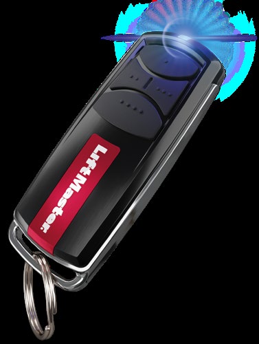 LiftMaster remote keyfob with red logo stripe and chrome keyring.
