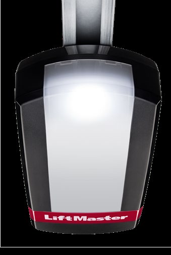Vertical studio product image of a LiftMaster overhead garage door opener showing the lit light panel.