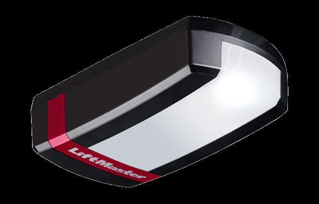 Angled studio shot of a LiftMaster overhead garage door opener showing the front light panel and branding.