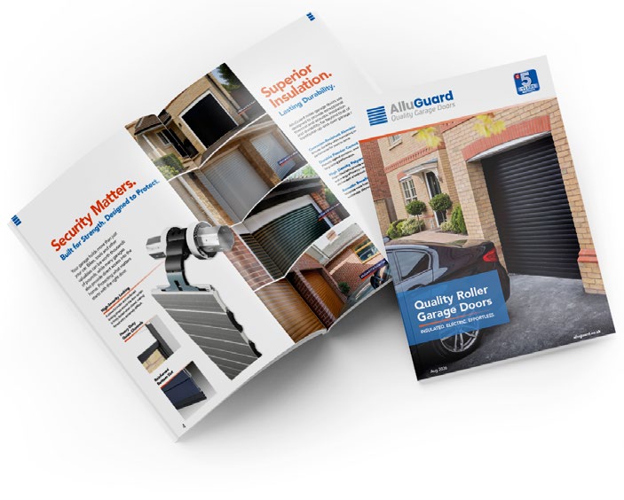 Photograph of the AlluGuard brochure spread and cover, showing product images and layout