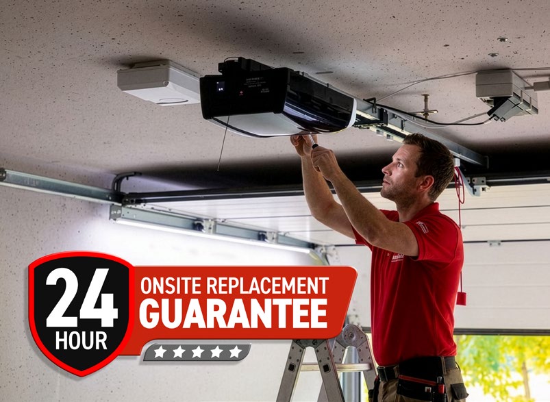 Engineer installing a Marantec garage door operator under a garage ceiling with a 24 hour onsite replacement guarantee badge