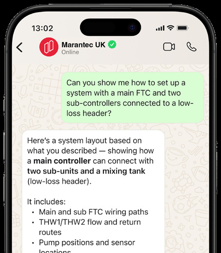 Smartphone showing a WhatsApp-style chat with Marantec UK technical assistant 'Lingo' displayed