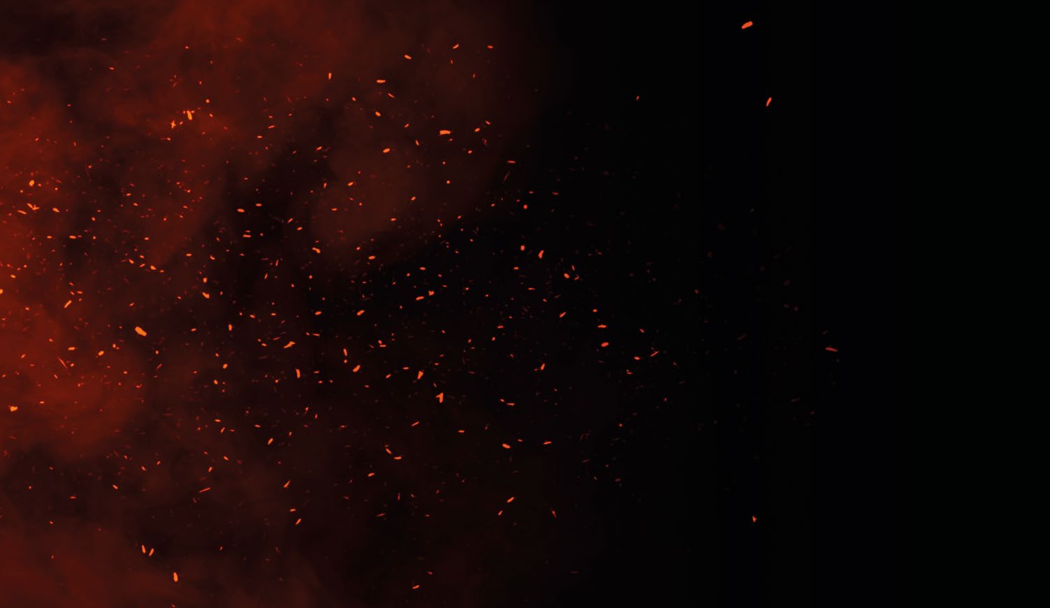 Promotional imagery with glowing red sparks behind text (fire/shutter theme)