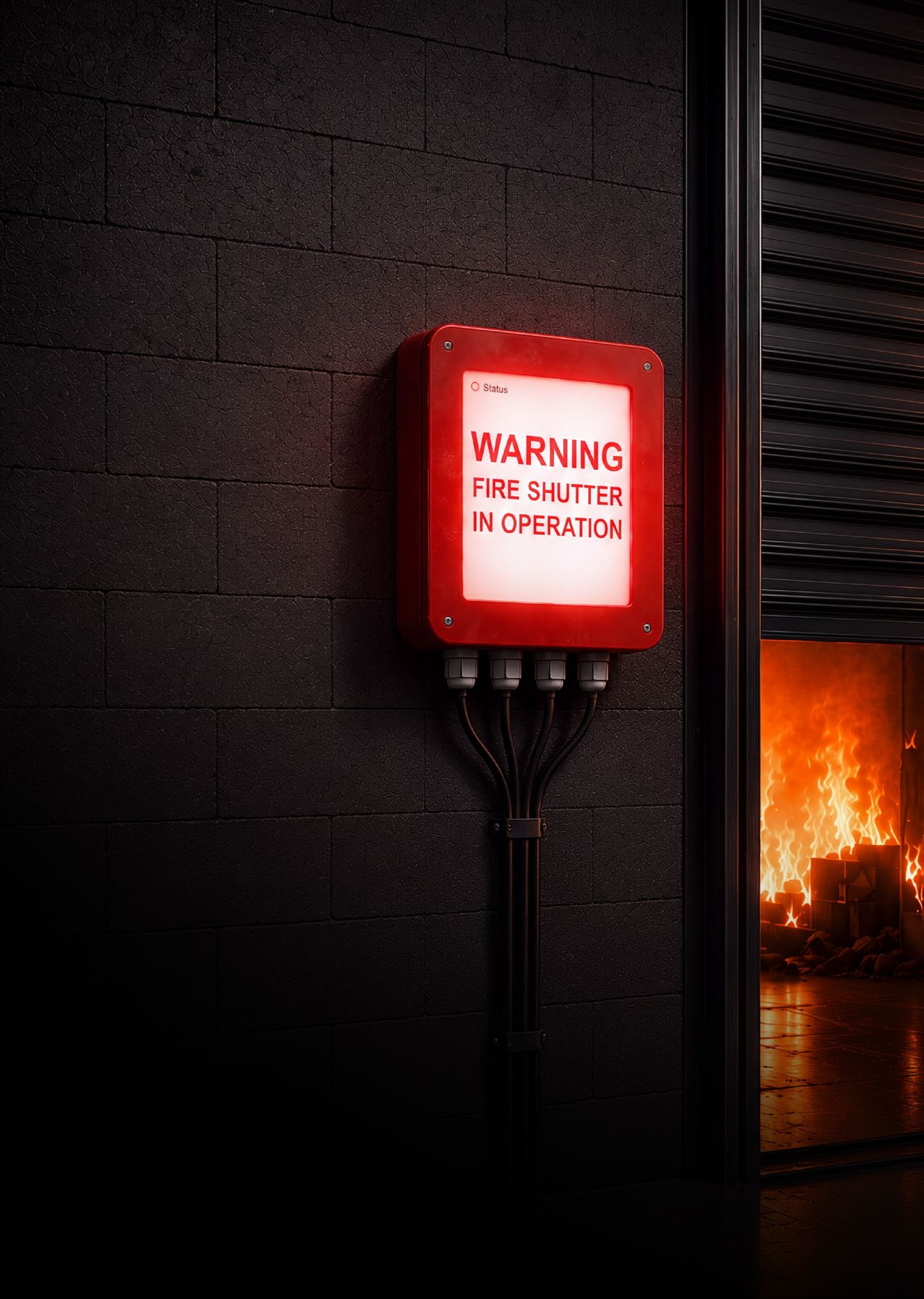 Large photograph: red EFP1 warning box mounted on a dark wall beside a partially opened roller shutter with visible fire inside