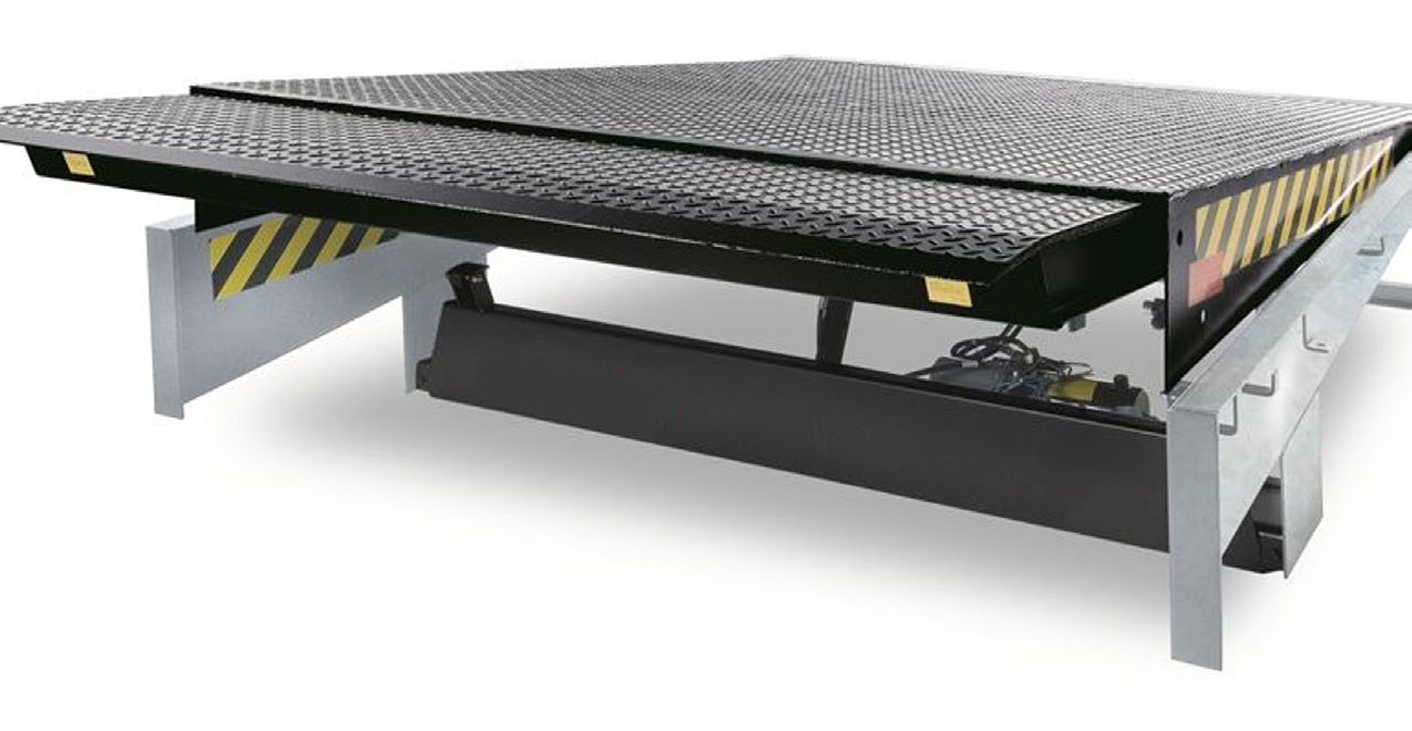 Dock leveller platform viewed at an angle