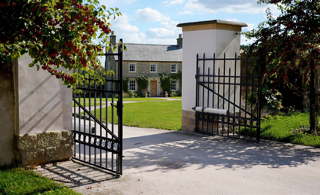 Open decorative driveway gate in front of a stone gatepost and country house, showing access to a lawned driveway.