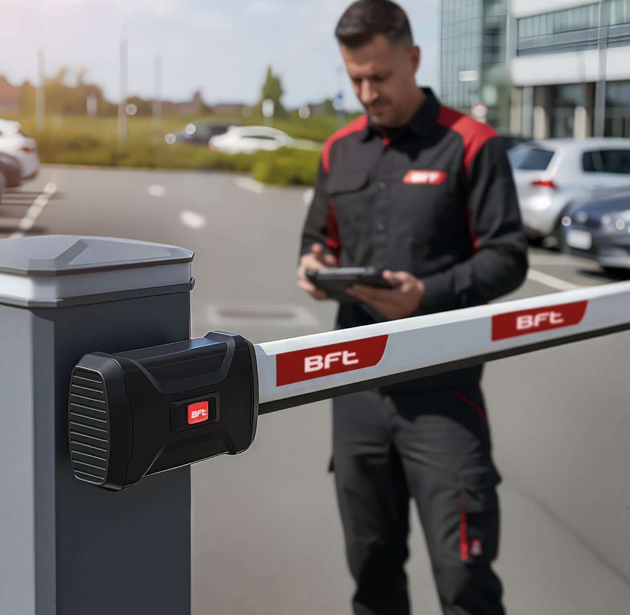 BFT technician using a tablet beside a barrier arm at a parking entrance
