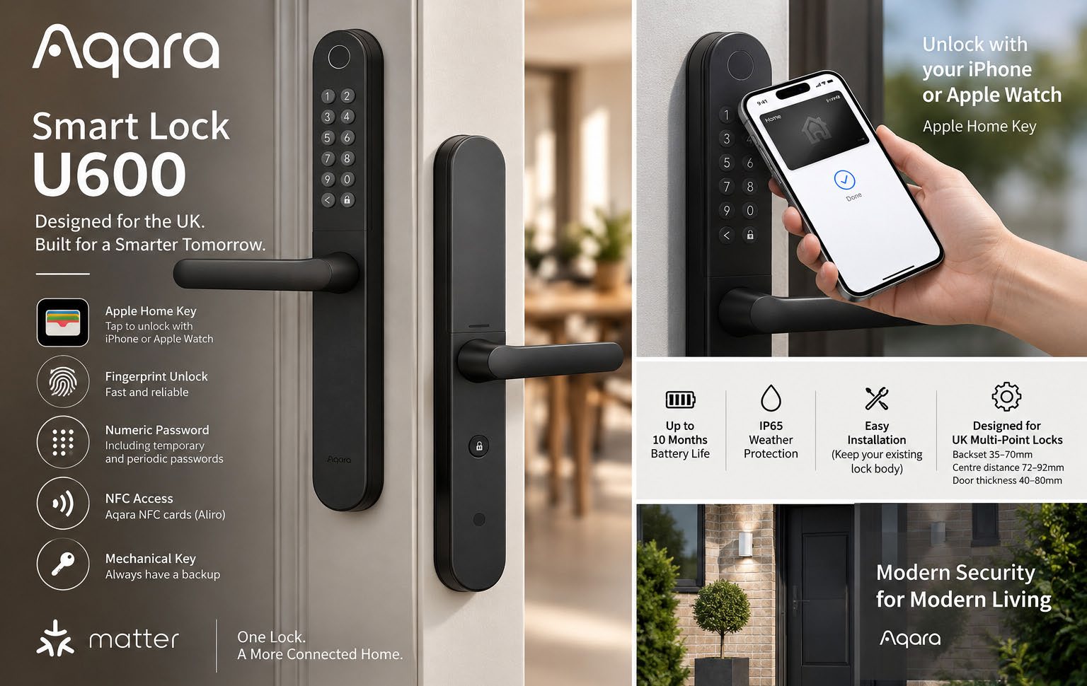 Aqara Smart Lock U600 fitted to a door with smartphone displaying Apple Home Key