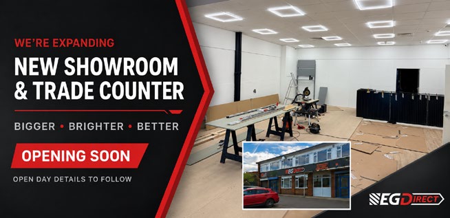 Graphic for EG Direct expansion showing the new showroom renovation and trade counter exterior with the text 'Bigger, Brighter, Better'