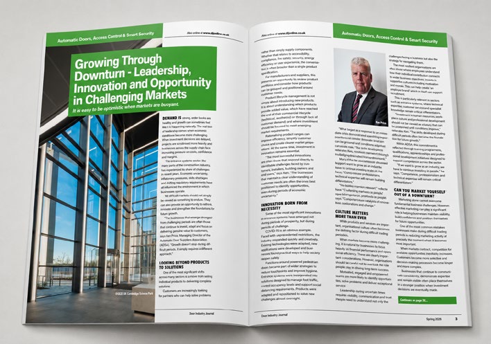 Open magazine spread of the 'Growing Through Downturn' feature showing article layout and images