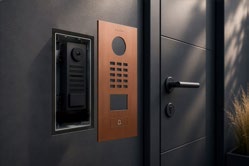 DoorBird intercom unit installed on a modern building entrance