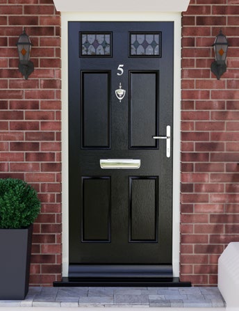 Inset image of a black entrance door showing chrome handle and letterplate