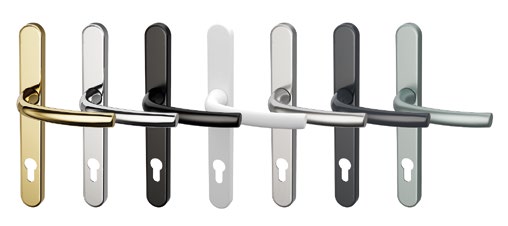 Row of door handles in multiple finishes displayed horizontally.