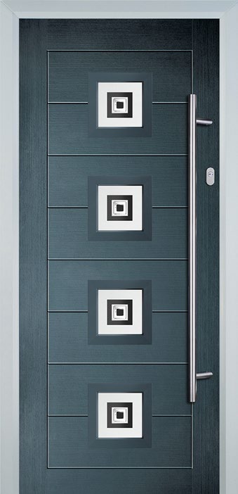 Contemporary dark grey front door with four square glazed motifs and long vertical handle