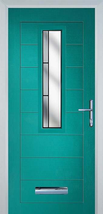 Contemporary teal front door with slim offset glazed panel and chrome handle