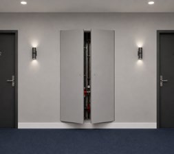 Flush-mounted doorset in a corridor, central panel slightly open revealing internal shaft