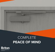 Briton square graphic showing a door closer with text 'EASY TO INSTALL & ADJUST'.