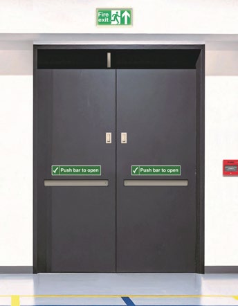 ACTIV-DOR dark grey double fire doors with push bars and emergency exit signage