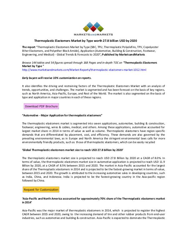 Thermoplastic Elastomers Market Type worth 27.8 billion USD by 2020 worth 27.8 billion USD by 2020