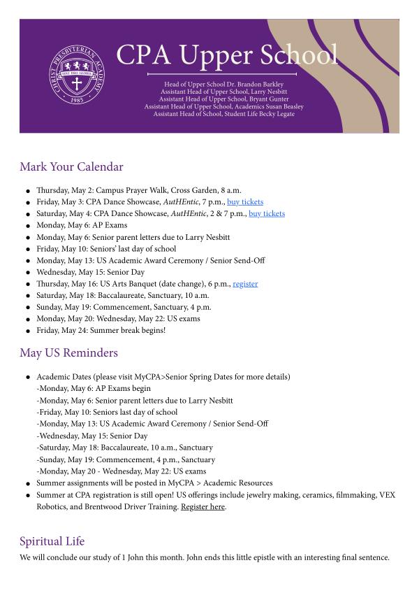 Upper School Newsletter May 2024 Upper School Newsletter May 2024