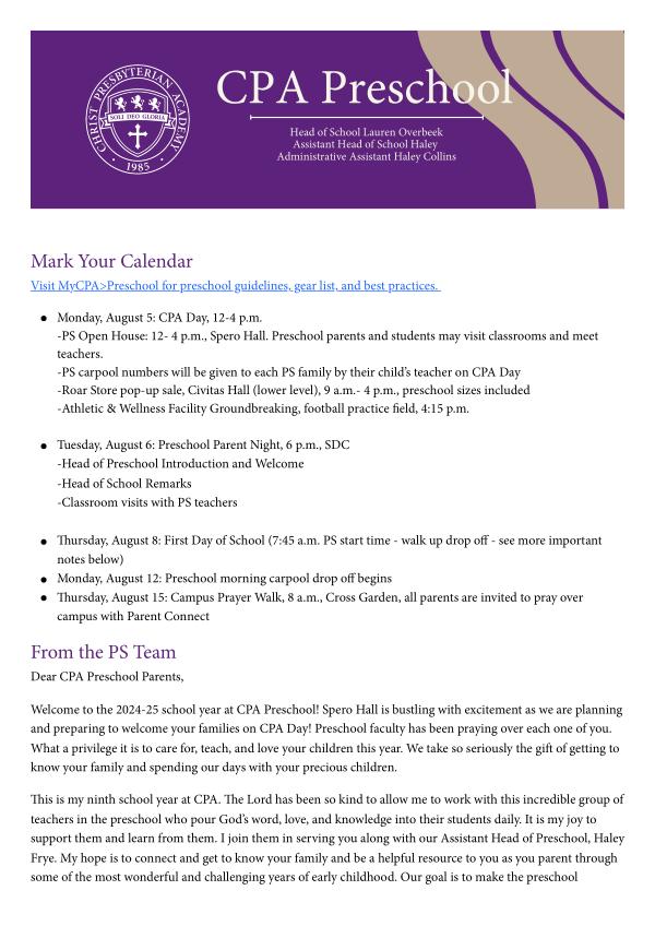 Preschool Newsletter August 2024 PS Newsletter Aug. 2024